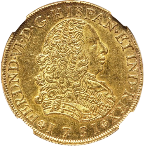 1751 Spanish gold coin featuring a royal profile portrait with detailed engraving