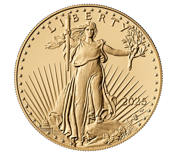 2025 Liberty gold coin featuring a walking Liberty figure holding a torch and olive branch
