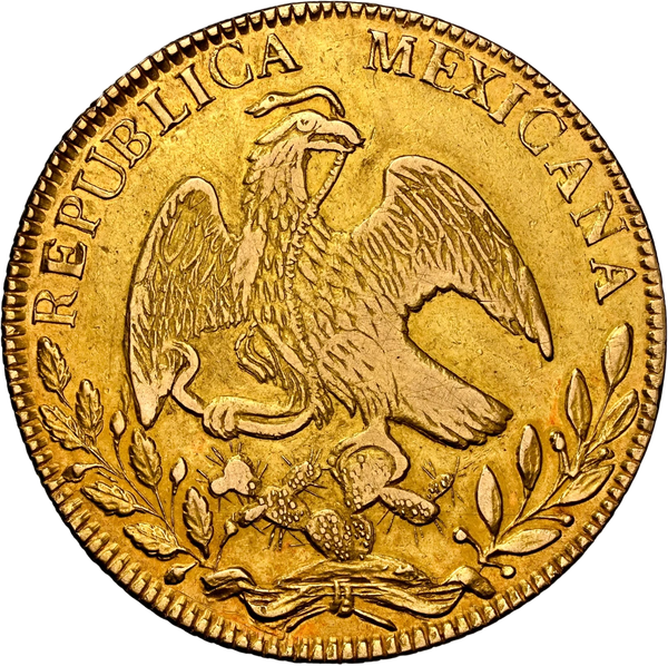 Mexican gold coin reverse featuring an eagle with snake design and Republica Mexicana engraving