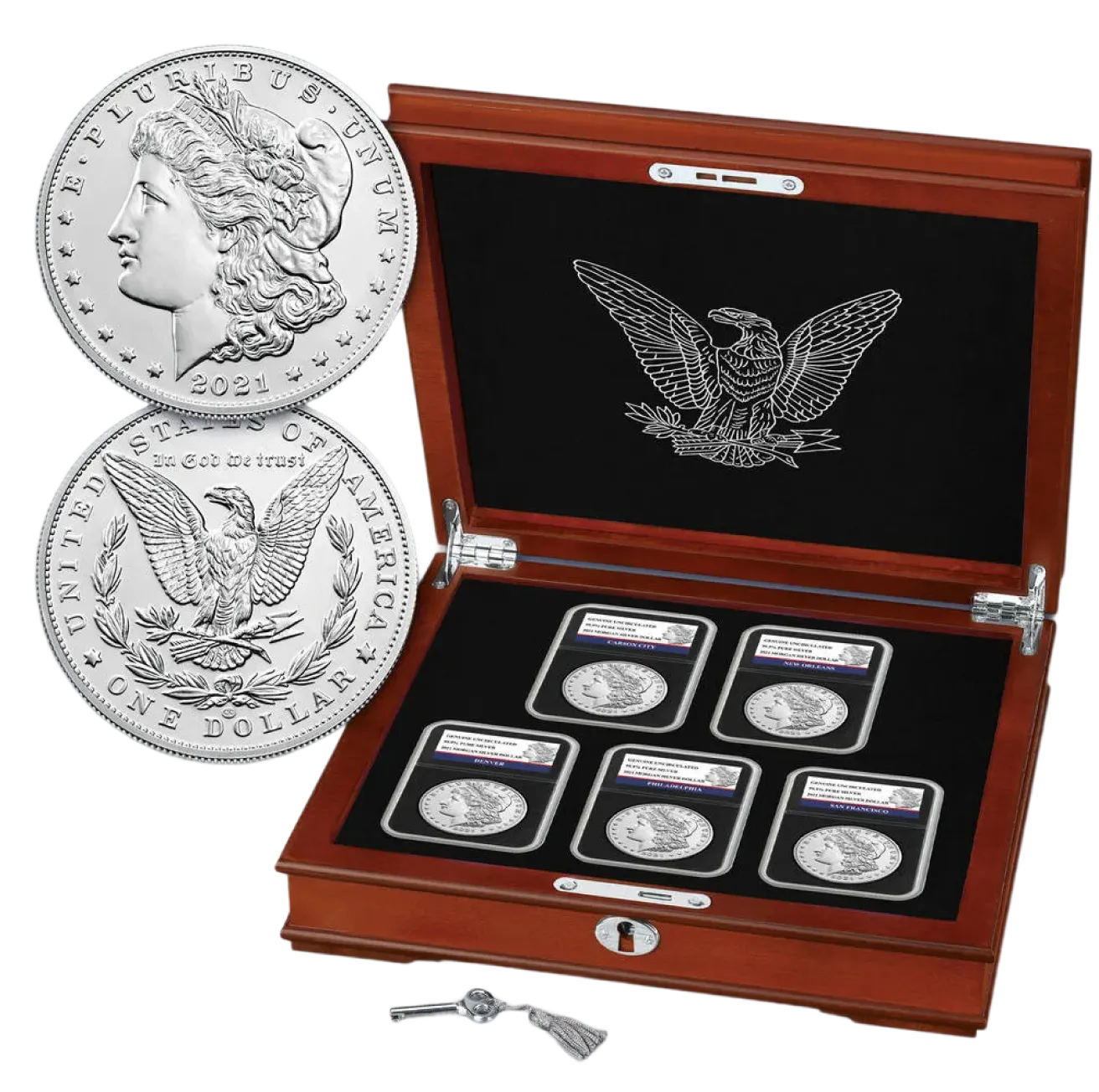 2021 Morgan Silver Dollar coin collection displayed in a wooden presentation box with graded coins