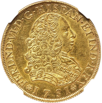 1751 Spanish gold coin featuring a royal profile portrait with detailed engraving