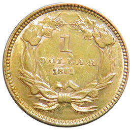 1851 Liberty Head gold dollar coin reverse showing wreath design with 1 dollar denomination and year