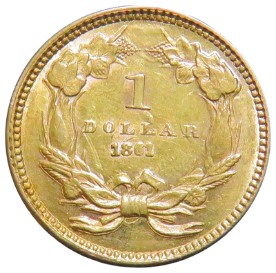 1851 Liberty Head gold dollar coin reverse showing wreath design with 1 dollar denomination and year