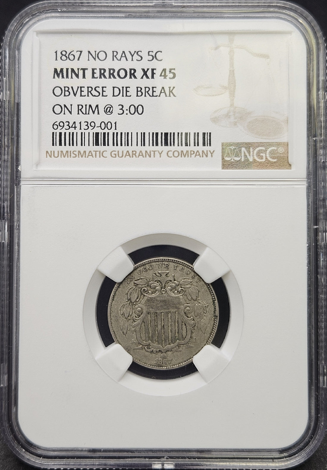 1867 Shield Nickel No Rays Obverse Die Break Error NGC XF45
