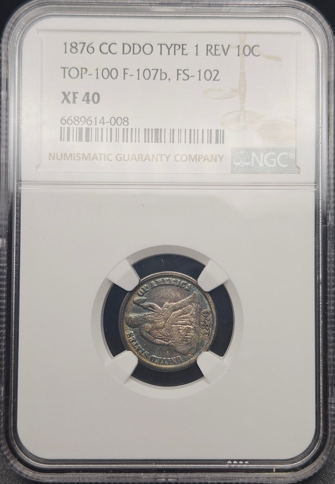 1876-CC Seated Liberty Dime DDO Type 1 Rev F-107b FS-102 NGC XF40