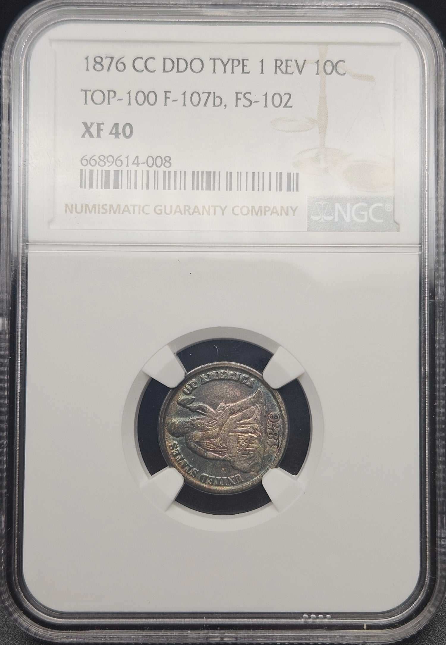 1876-CC Seated Liberty Dime DDO Type 1 Rev F-107b FS-102 NGC XF40