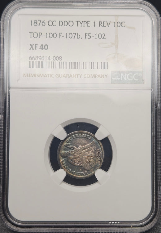 1876-CC Seated Liberty Dime DDO Type 1 Rev F-107b FS-102 NGC XF40