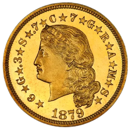 1879 Liberty gold coin featuring a woman’s profile and detailed engraving