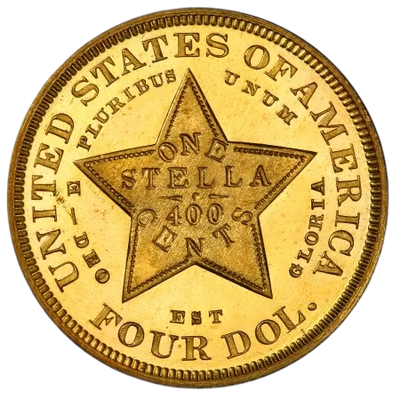 1879 Stella gold coin with star design and ‘One Stella 400 Cents’ engraving