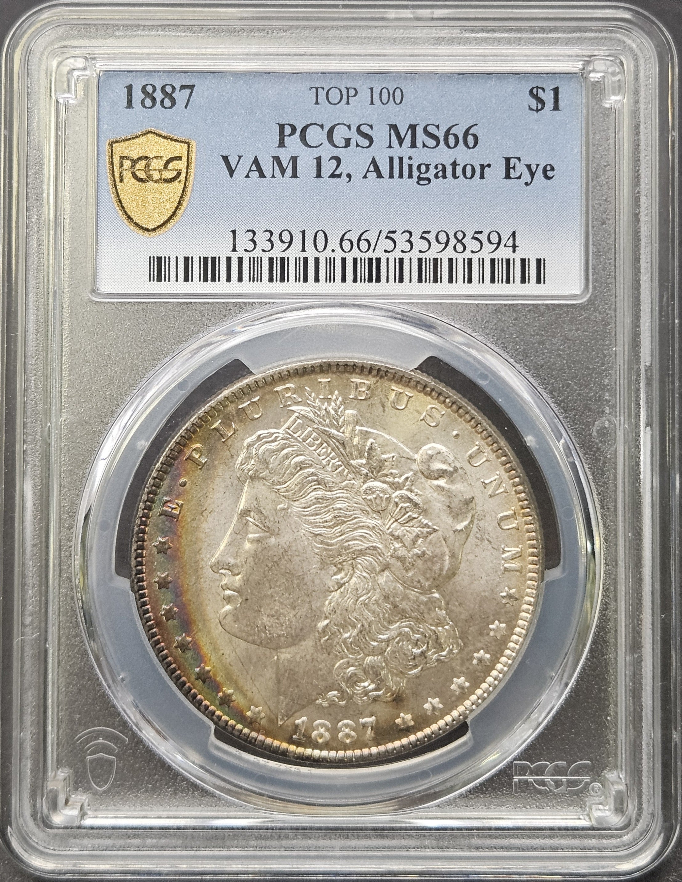 1887 Morgan Dollar VAM 12 Alligator Eye Rainbow Toning PCGS MS66