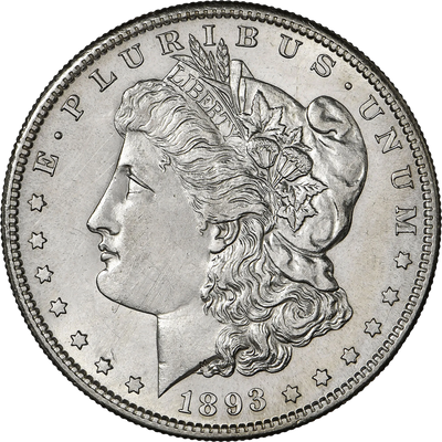 1893 Morgan silver dollar coin with Lady Liberty profile