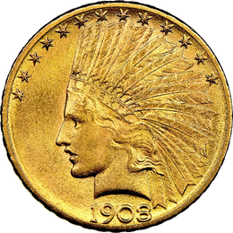1908 Indian Head $10 gold eagle coin obverse featuring Liberty wearing a feathered headdress