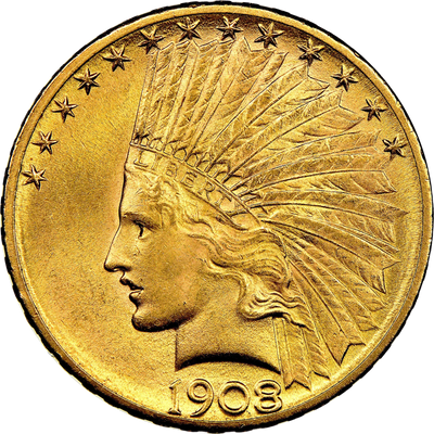 1908 Indian Head $10 gold eagle coin obverse featuring Liberty wearing a feathered headdress