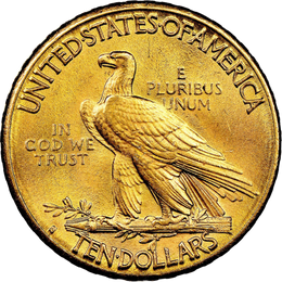 1908 Indian Head $10 gold eagle coin reverse showing eagle with United States of America and Ten Dollars inscriptions