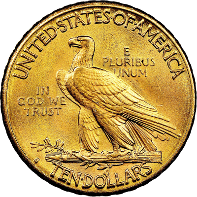 1908 Indian Head $10 gold eagle coin reverse showing eagle with United States of America and Ten Dollars inscriptions