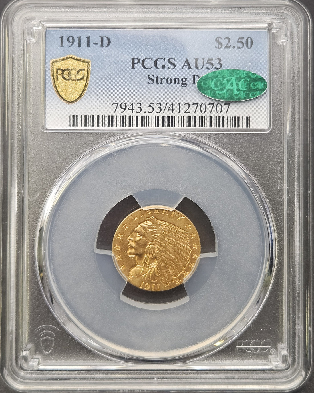 1911-D Indian Head Quarter Eagle Strong D PCGS AU53 CAC