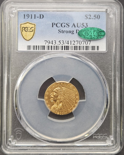 1911-D Indian Head Quarter Eagle Strong D PCGS AU53 CAC