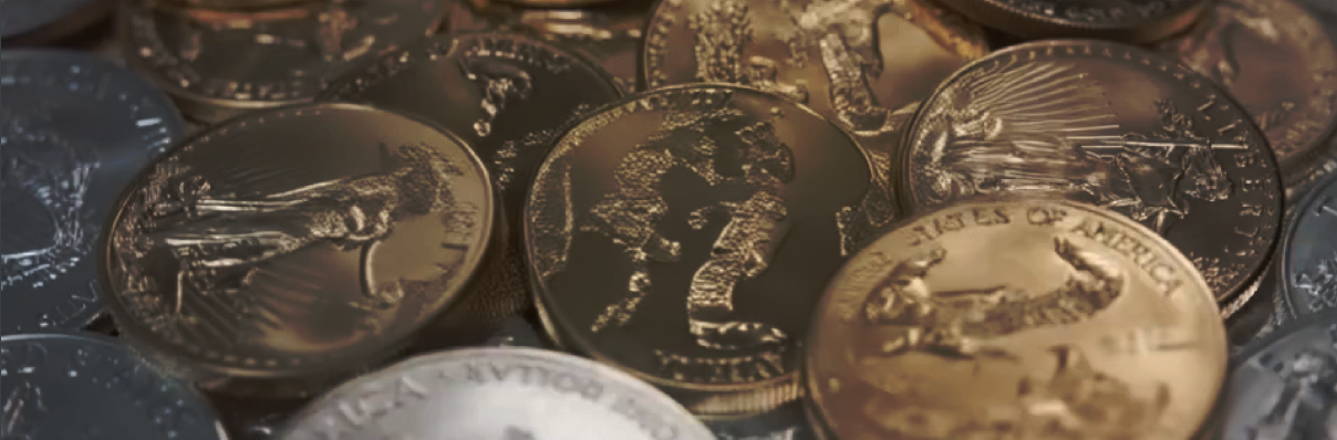 Collection of American gold and silver coins displayed in a close-up arrangement