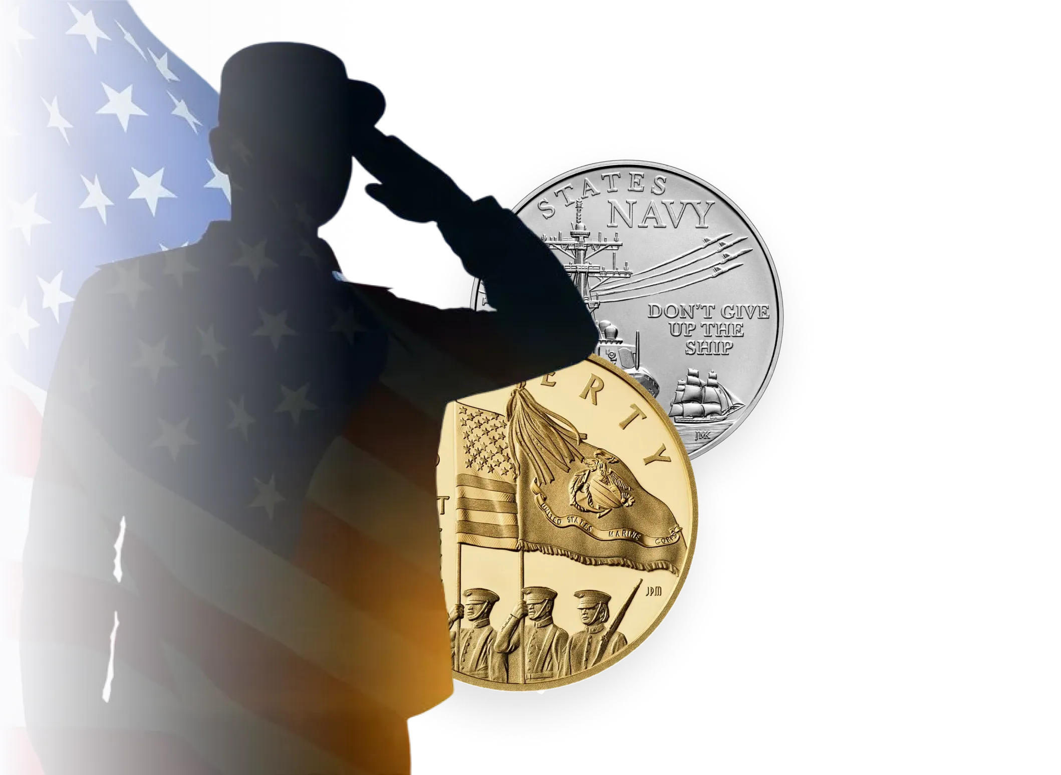 American military tribute gold and silver coins with saluting soldier silhouette and U.S. flag background
