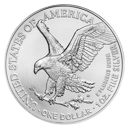 Reverse of American Silver Eagle coin featuring an eagle landing with an oak branch.