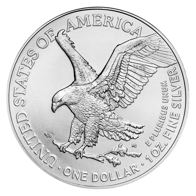Reverse of American Silver Eagle coin featuring an eagle landing with an oak branch.