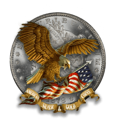 Eagle holding an American flag with “Buy Sell Trade” text on a coin-style logo