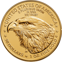 American Gold Eagle coin featuring a detailed bald eagle portrait with 50 dollars and 1 oz fine gold engraving