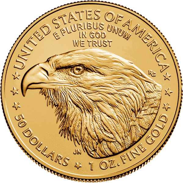 American Gold Eagle coin featuring a detailed bald eagle portrait with 50 dollars and 1 oz fine gold engraving