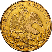 Mexican gold coin reverse featuring an eagle with snake design and Republica Mexicana engraving