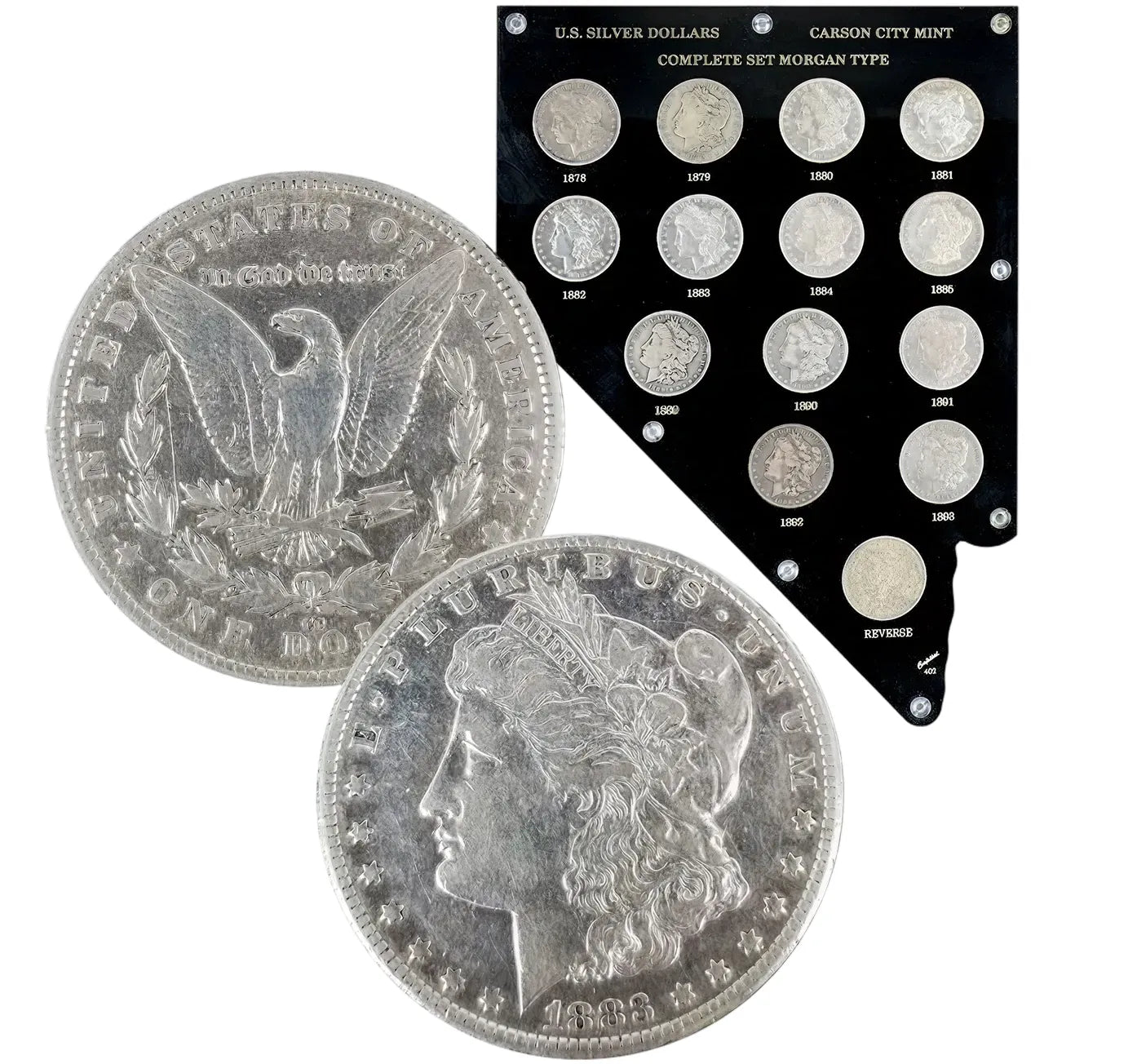 Complete Morgan Silver Dollar coin set display featuring collectible silver dollars and Carson City Mint board